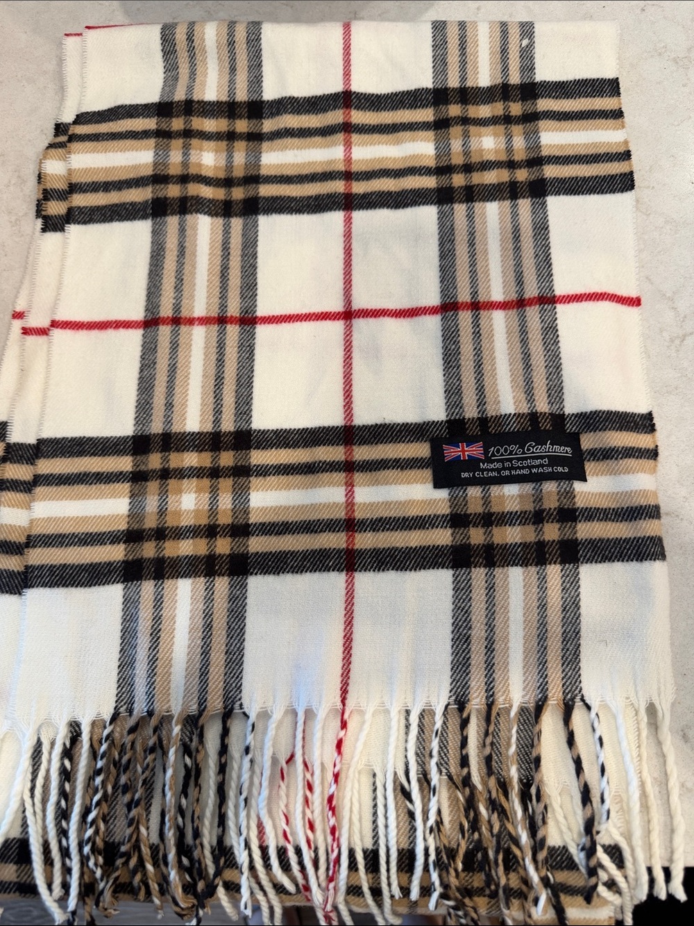 Ivory Plaid Fringed Scarf with Beige, Black & Red Accent